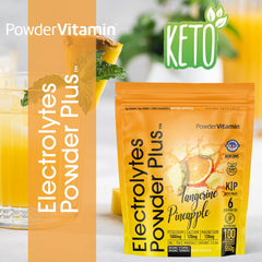 PowderVitamin Electrolytes Powder Plus pink Himalayan salt crystals near the jar.