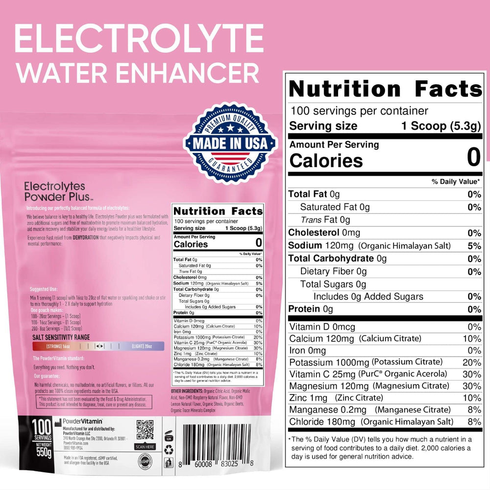 PowderVitamin Electrolytes Raspberry Lemonade 100 servings label illustration