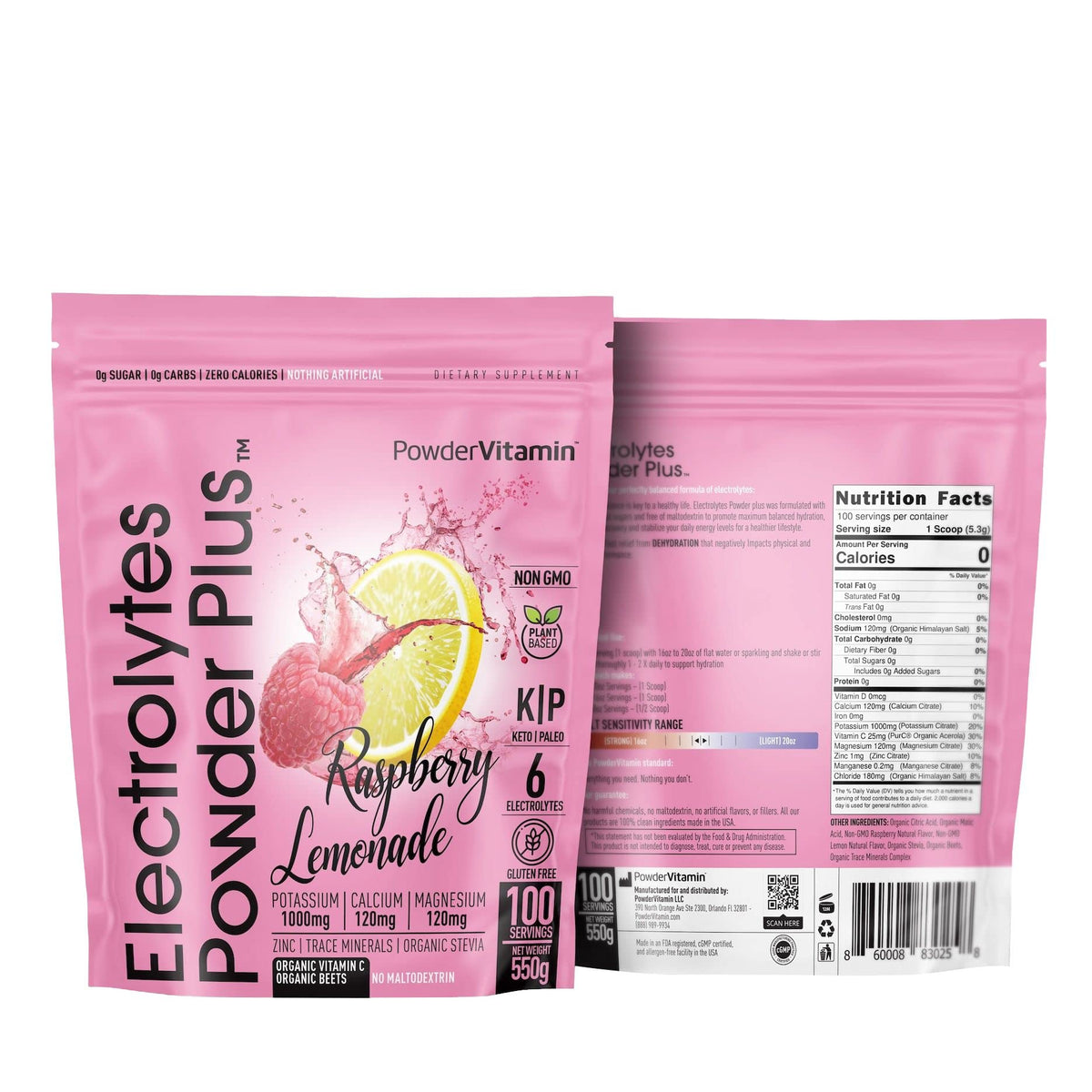 PowderVitamin Electrolytes Raspberry Lemonade pouch highlighting high potassium for hydration