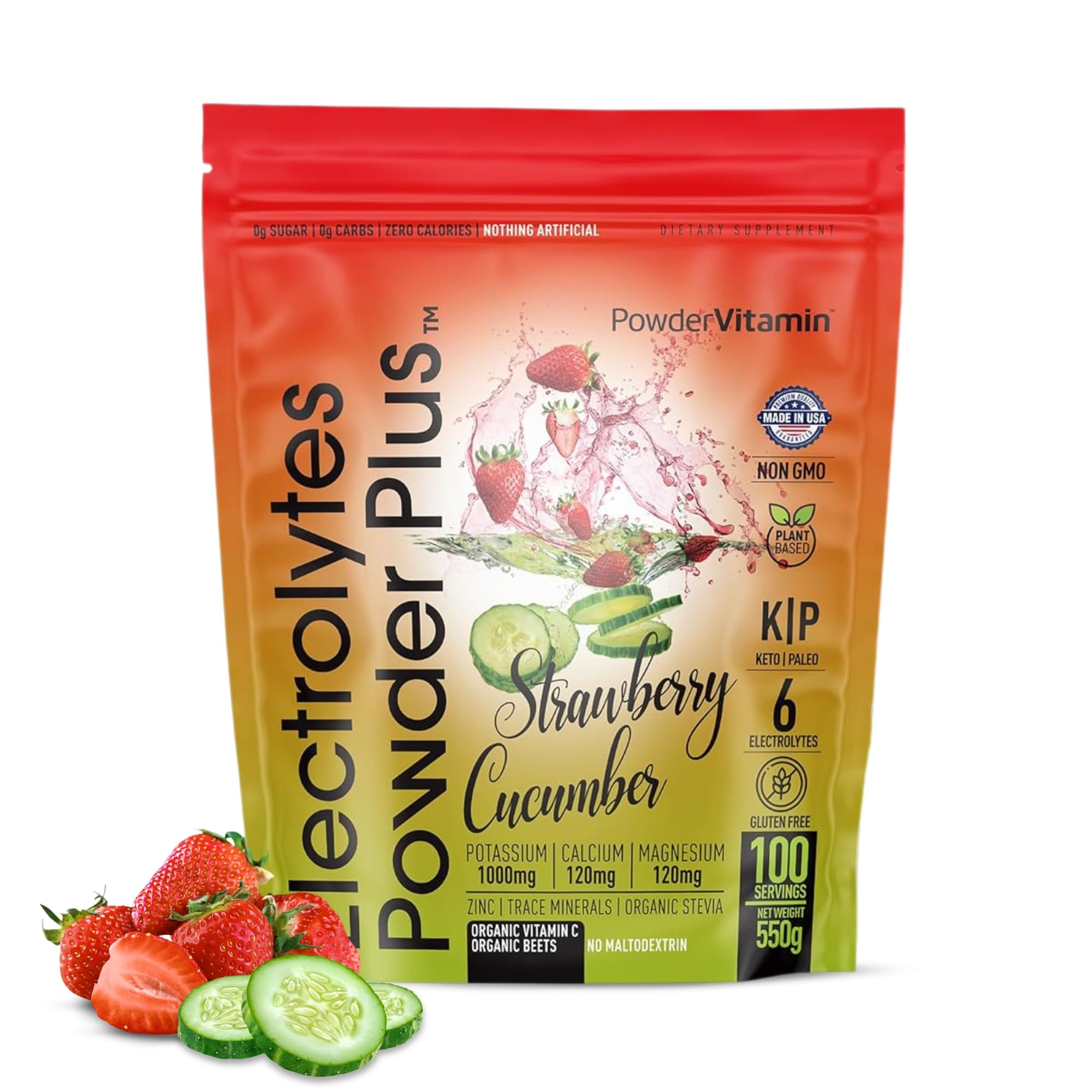PowderVitamin Electrolytes Powder Plus bottle for strawberry cucumber hydration on the go