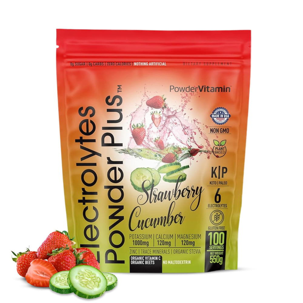 PowderVitamin Electrolytes Powder Plus bottle for strawberry cucumber hydration on the go