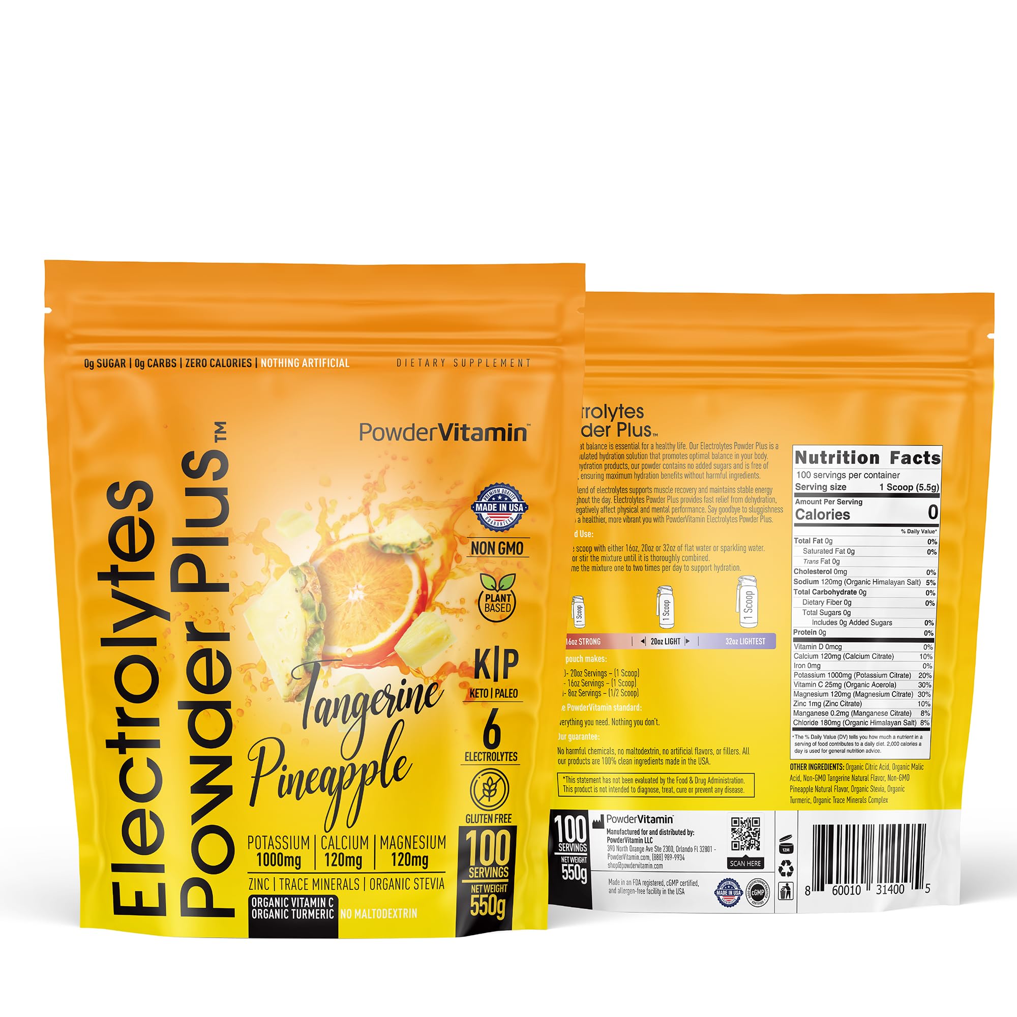 PowderVitamin Electrolytes Powder Plus jar featuring Tangerine Pineapple for on-the-go hydration.