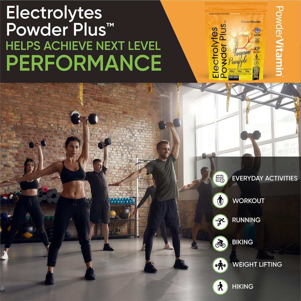 PowderVitamin Electrolytes Powder Plus turmeric and zinc visible in the mix.