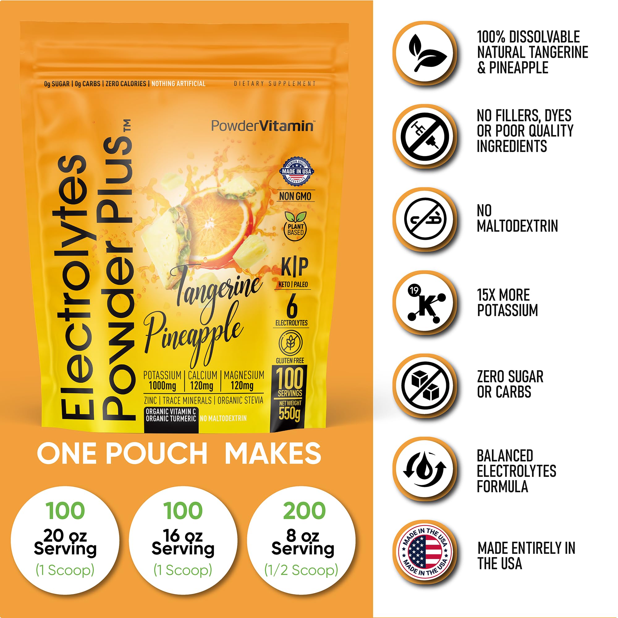 PowderVitamin Electrolytes Powder Plus label highlights zero calories and sugar-free formula.