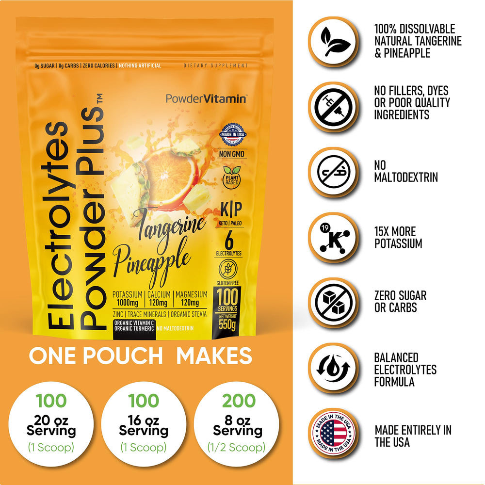 PowderVitamin Electrolytes Powder Plus label highlights zero calories and sugar-free formula.