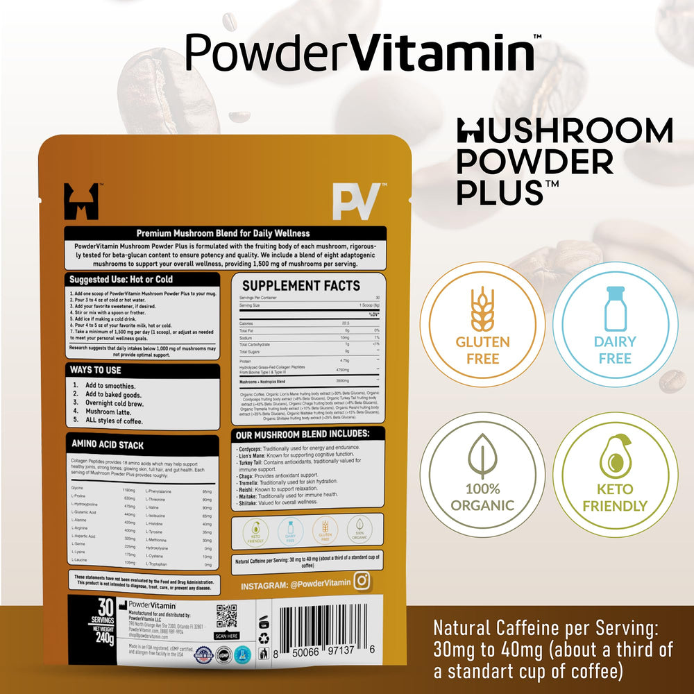PowderVitamin mushroom coffee cup with steam for a warm sip.