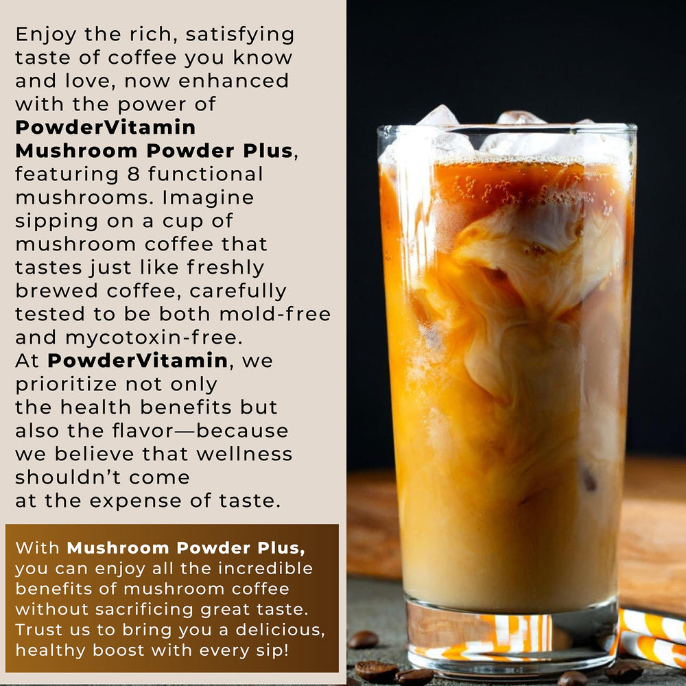 PowderVitamin mushroom coffee being poured for a gentle morning boost.