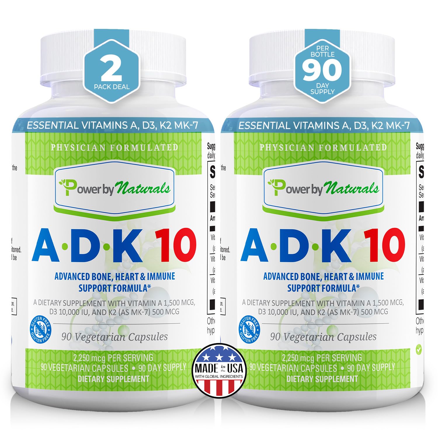 Power By Naturals ADK 10 bottle front view highlighting bone health support.