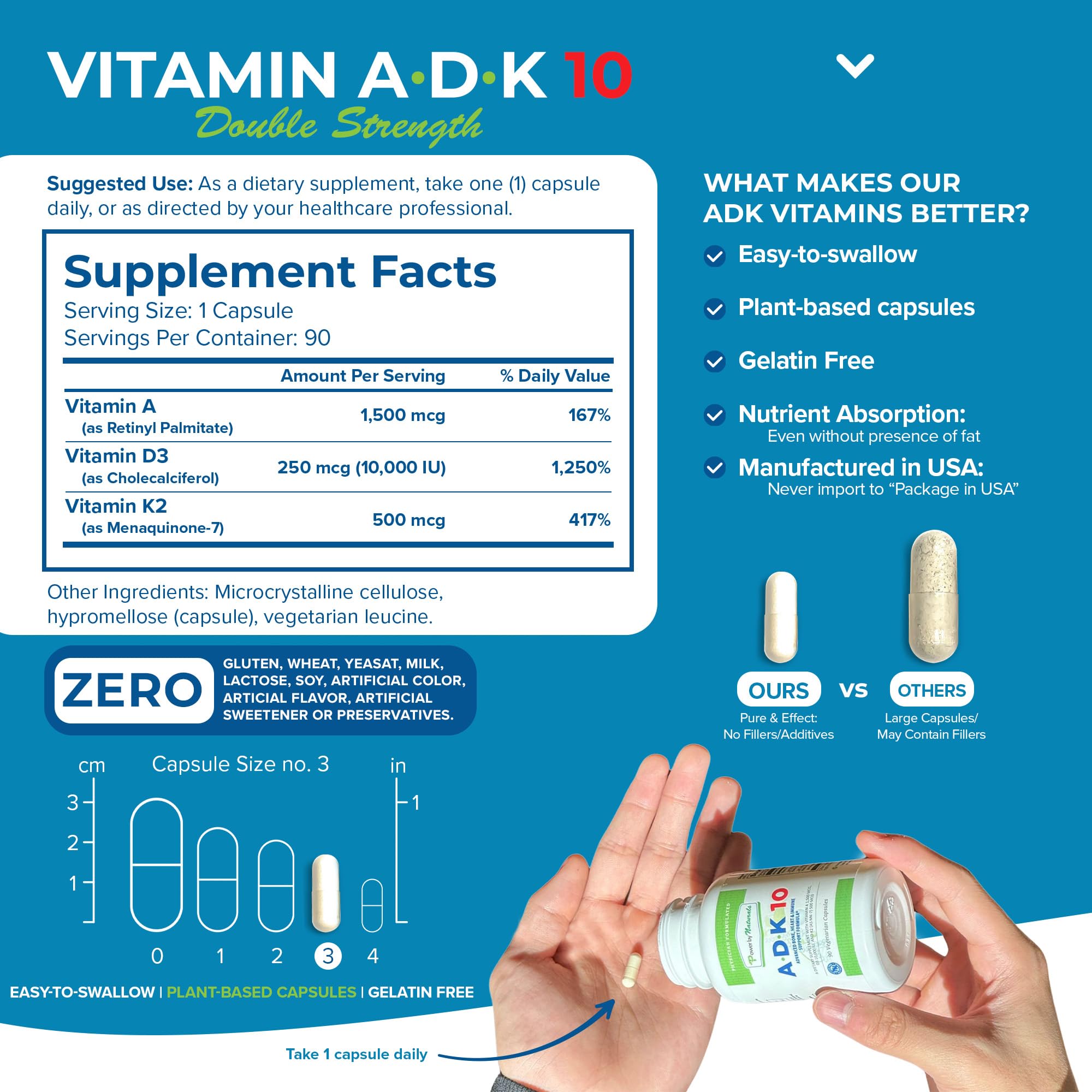 Power By Naturals ADK 10 label shows 10,000 IU D3 for immune-support