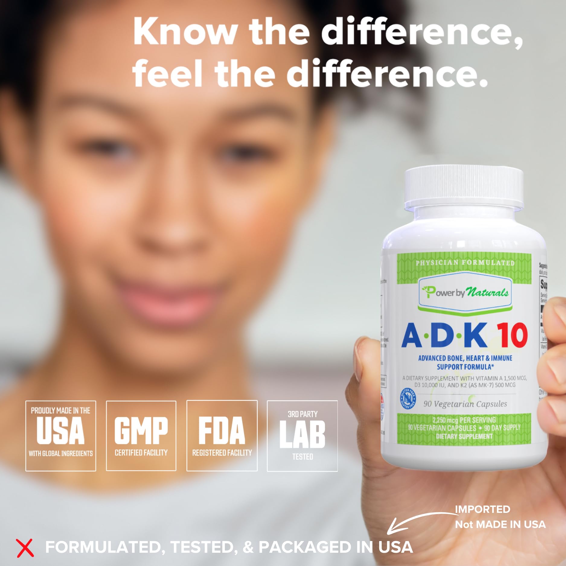 Power By Naturals ADK 10 gluten-free and non-GMO packaging