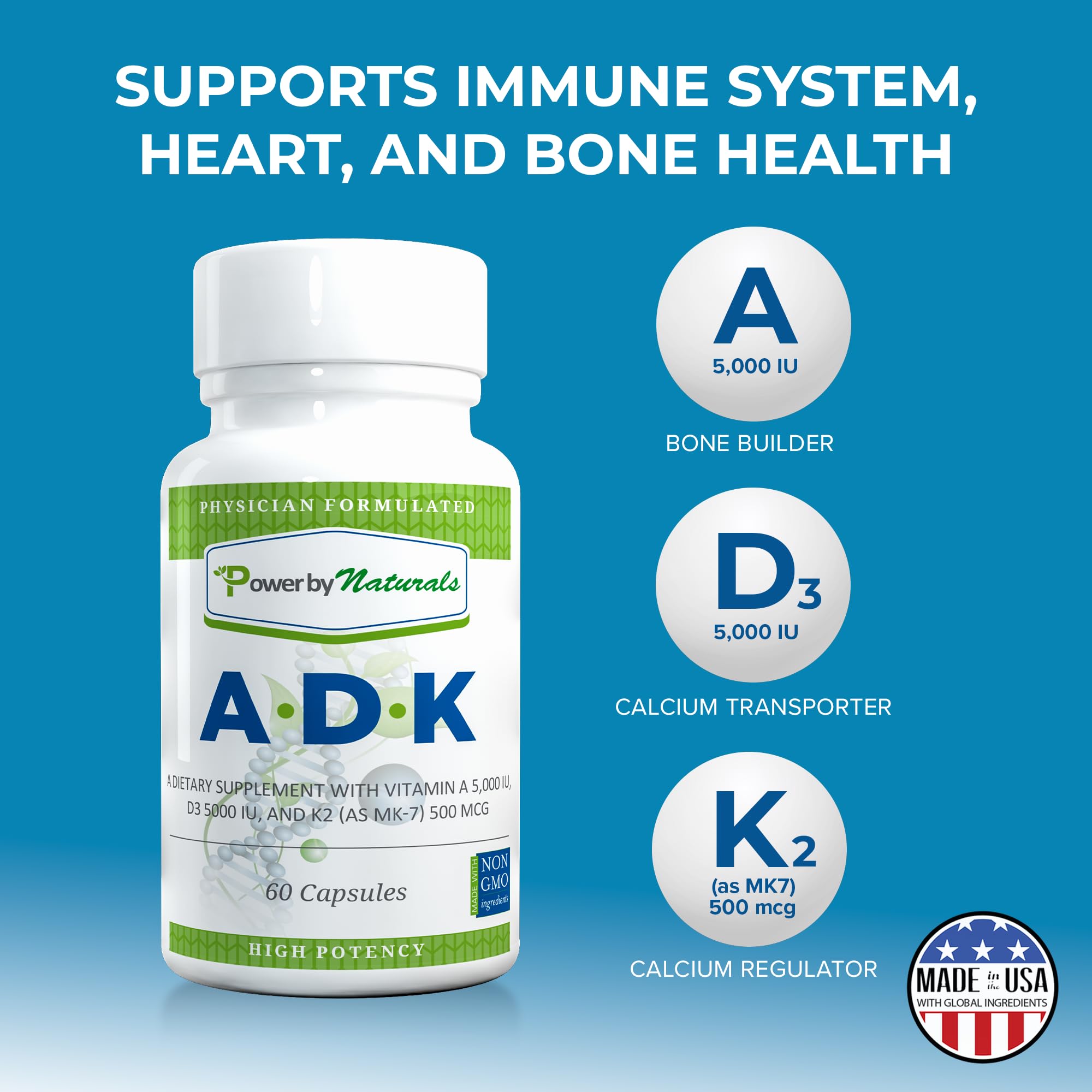 Power By Naturals ADK health benefits graphic promotes heart and bone vitality