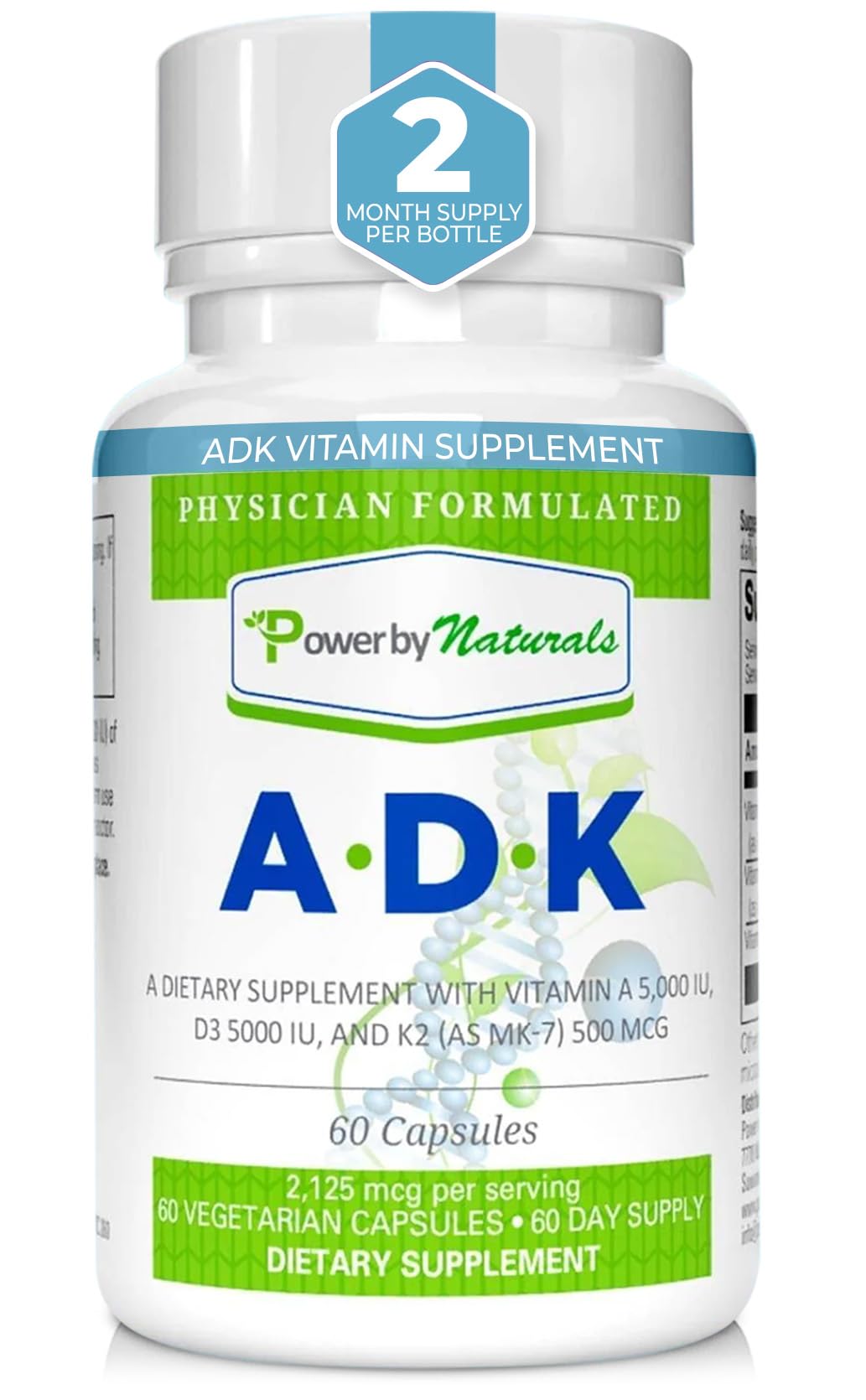 Power By Naturals ADK bottle front view highlights a high-potency vitamin blend for bone support