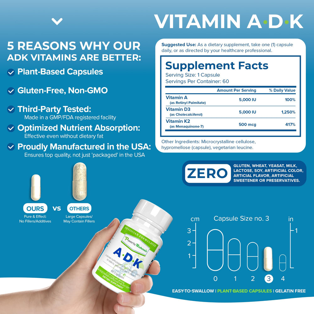 Power By Naturals ADK capsules closeup suggests easy daily dosing and immune support