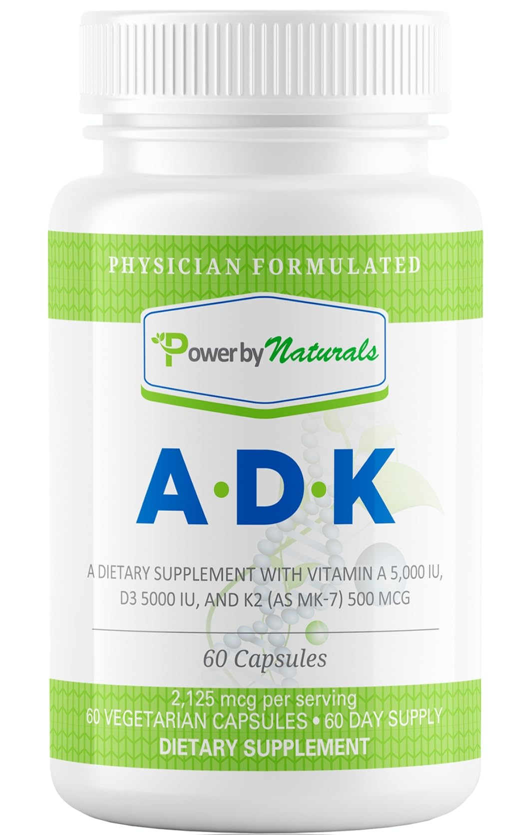 Power By Naturals ADK dosage chart highlights two-month supply and simple routine