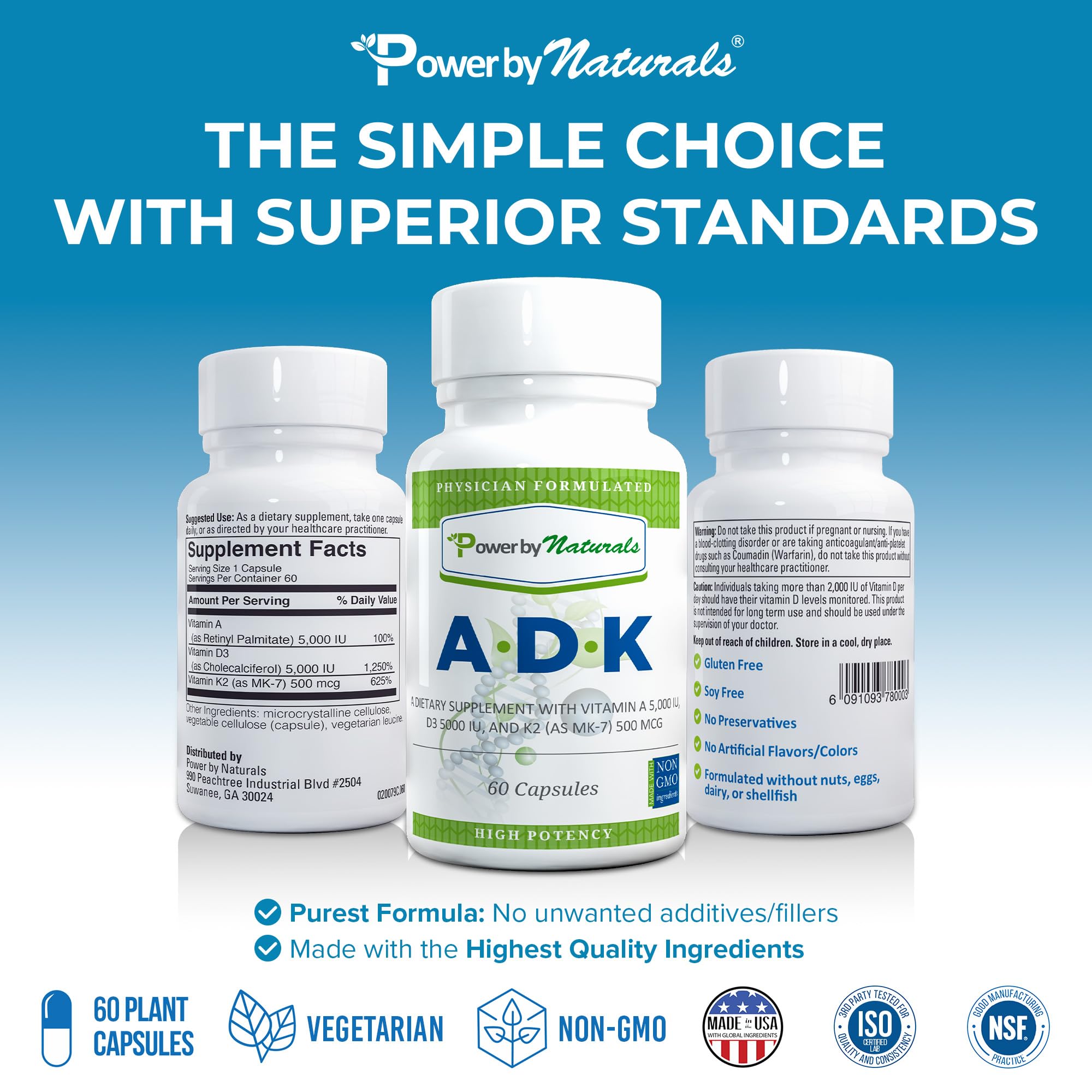 Power By Naturals ADK ingredients table emphasizes A, D3, and K2 synergy