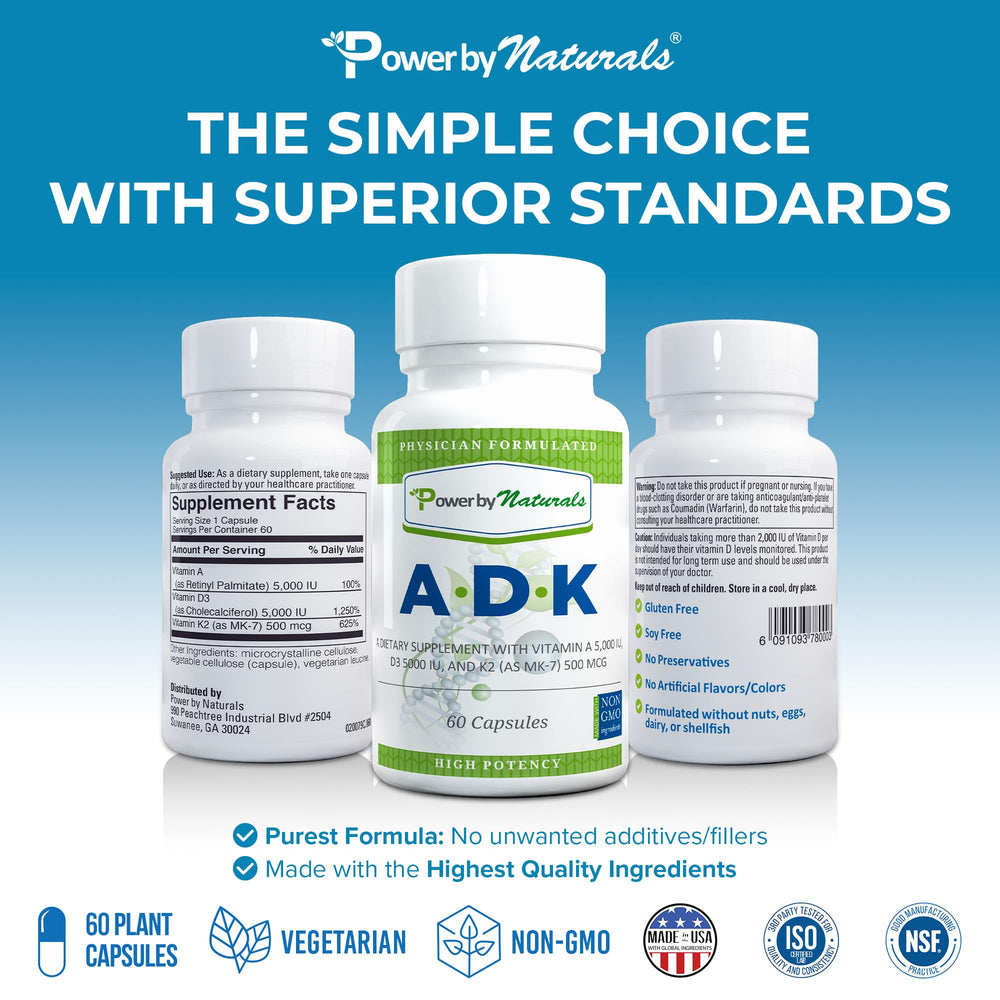 Power By Naturals ADK ingredients table emphasizes A, D3, and K2 synergy