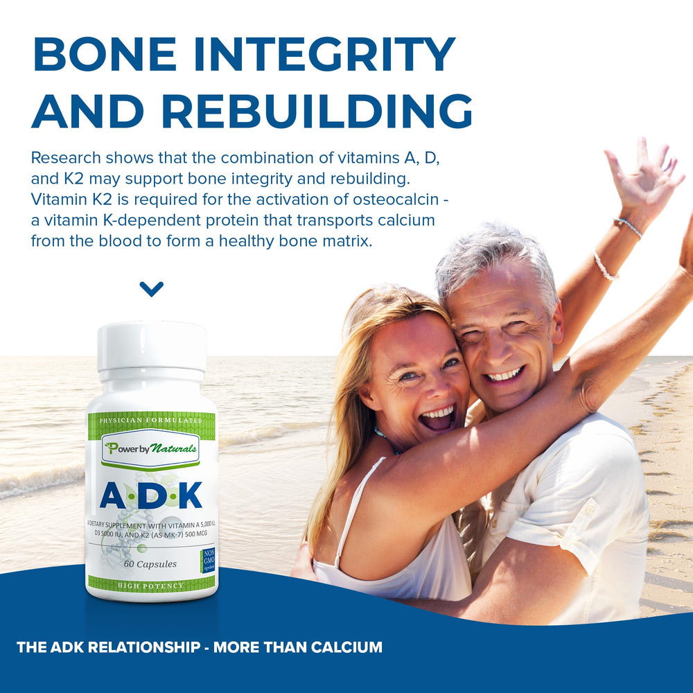 Power By Naturals ADK vitamin blend label communicates vitamin A inclusion for calcium use