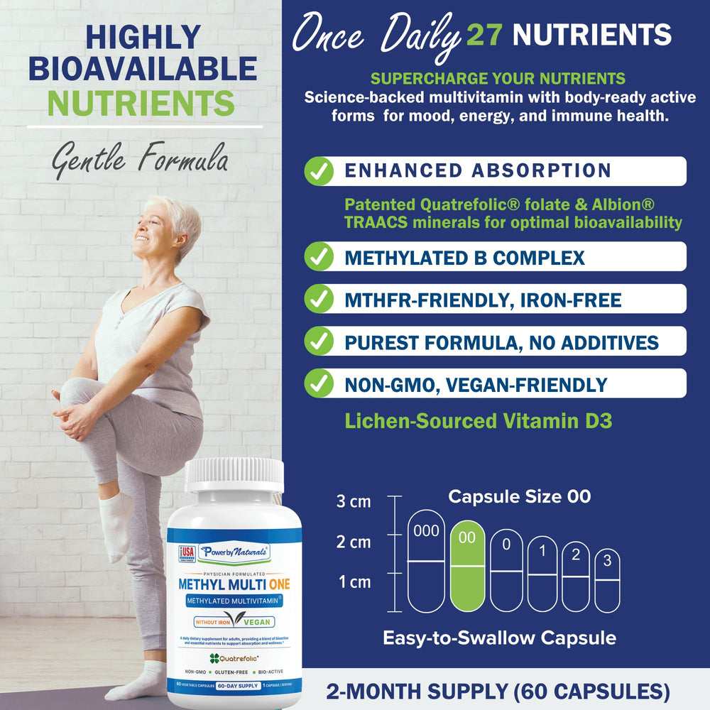 Power By Naturals Methyl Multi One capsules close-up emphasizes methylated B vitamins for methylation support.