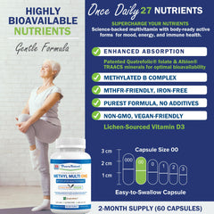 Power By Naturals Methyl Multi One capsules close-up emphasizes methylated B vitamins for methylation support.