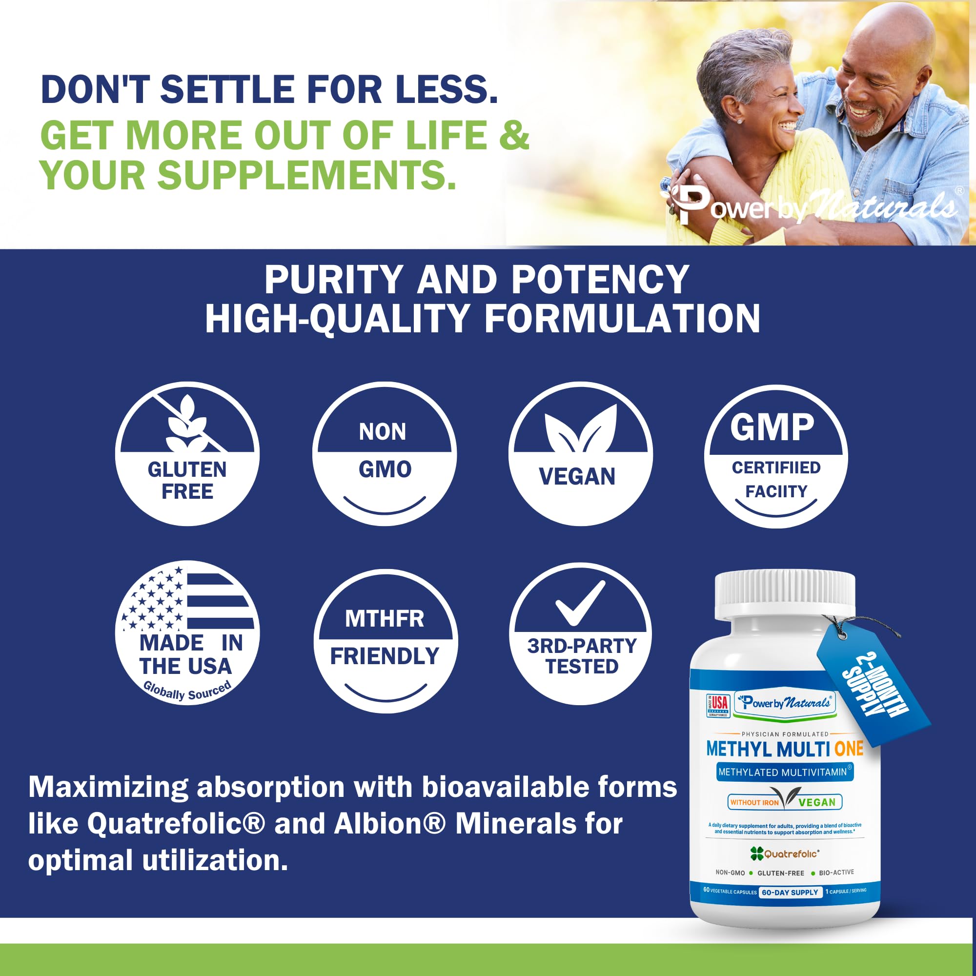 Power By Naturals Methyl Multi One packaging shows vegan-friendly, gluten-free, and GMO-free attributes.