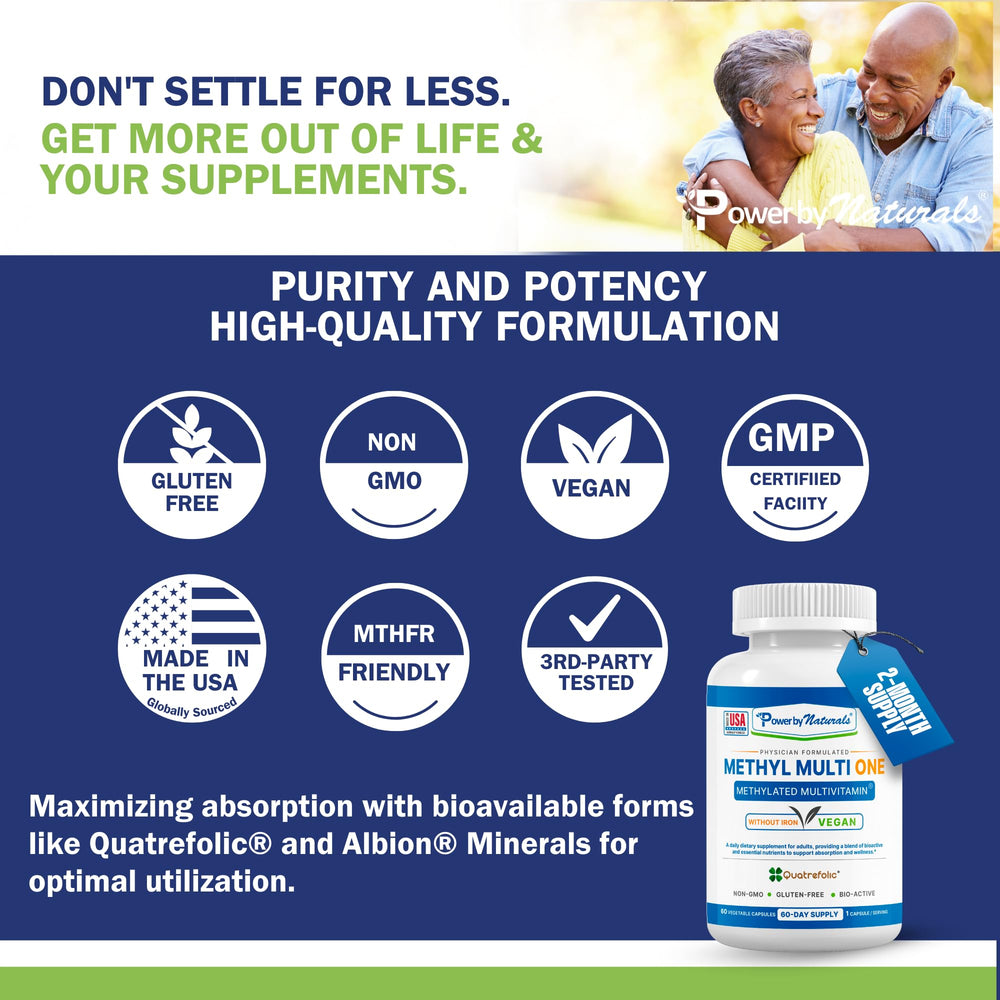 Power By Naturals Methyl Multi One packaging shows vegan-friendly, gluten-free, and GMO-free attributes.