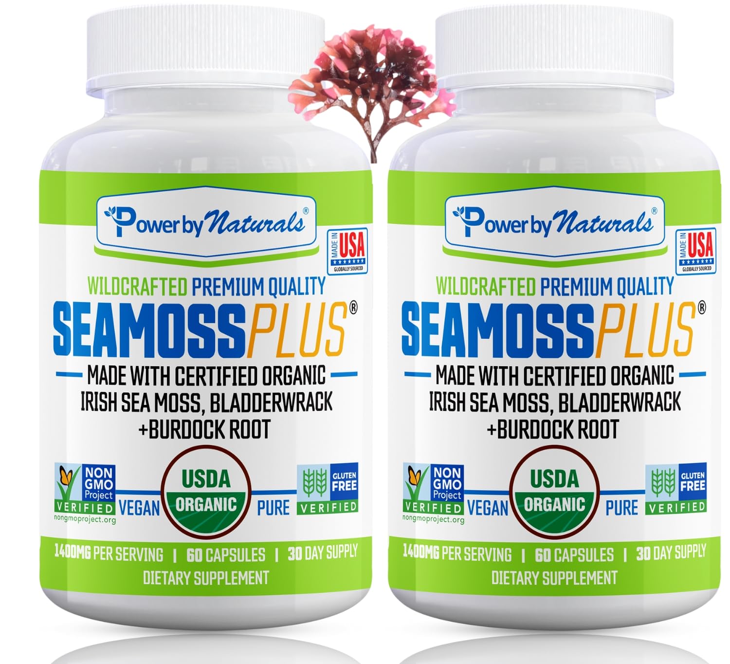 Power By Naturals Sea Moss Plus bottle front with capsules for daily wellness.