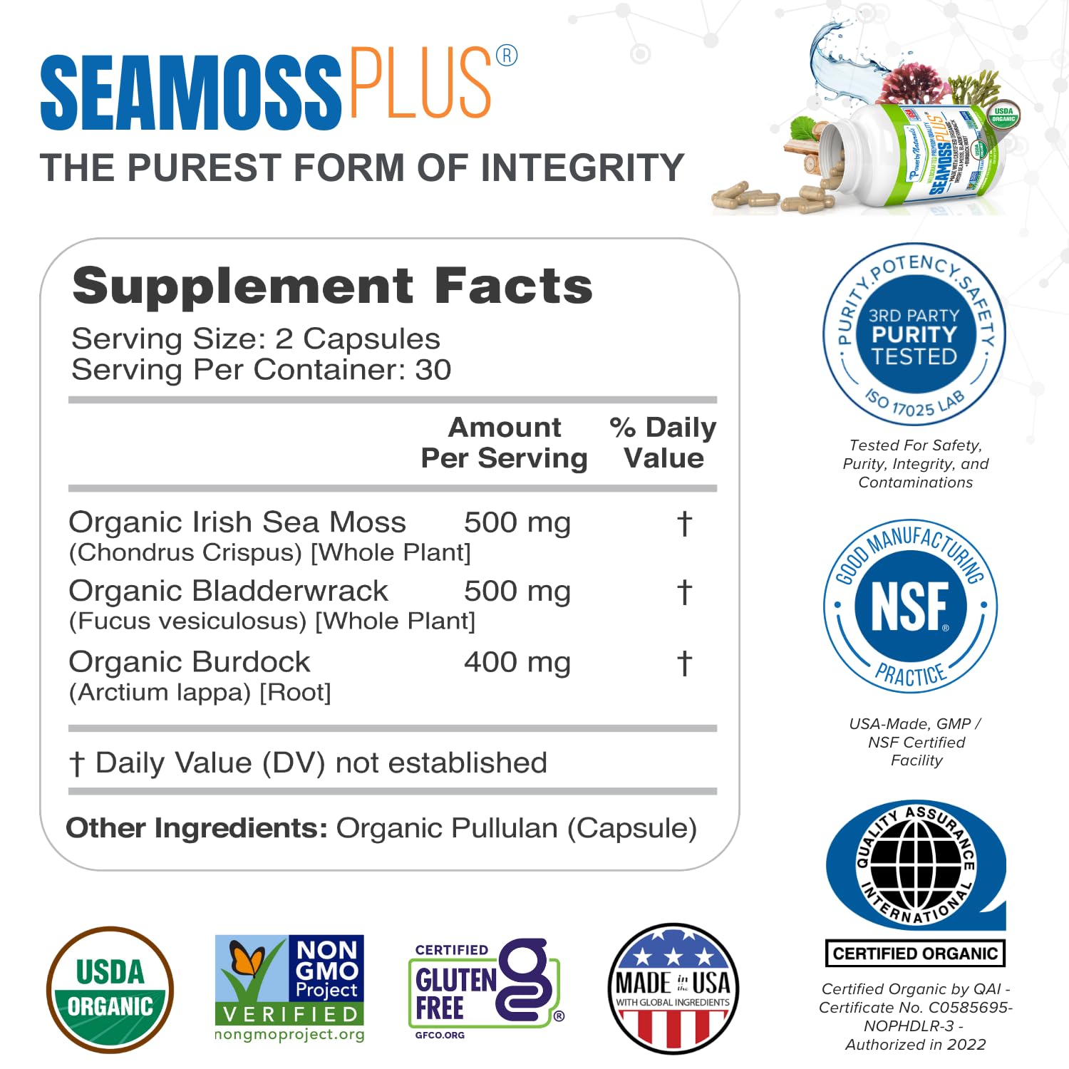 Power By Naturals Sea Moss Plus bottle side view showing label and ingredients.