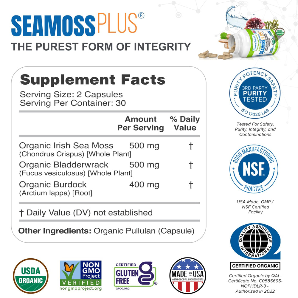 Power By Naturals Sea Moss Plus bottle side view showing label and ingredients.