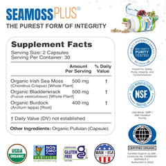 Power By Naturals Sea Moss Plus bottle side view showing label and ingredients.