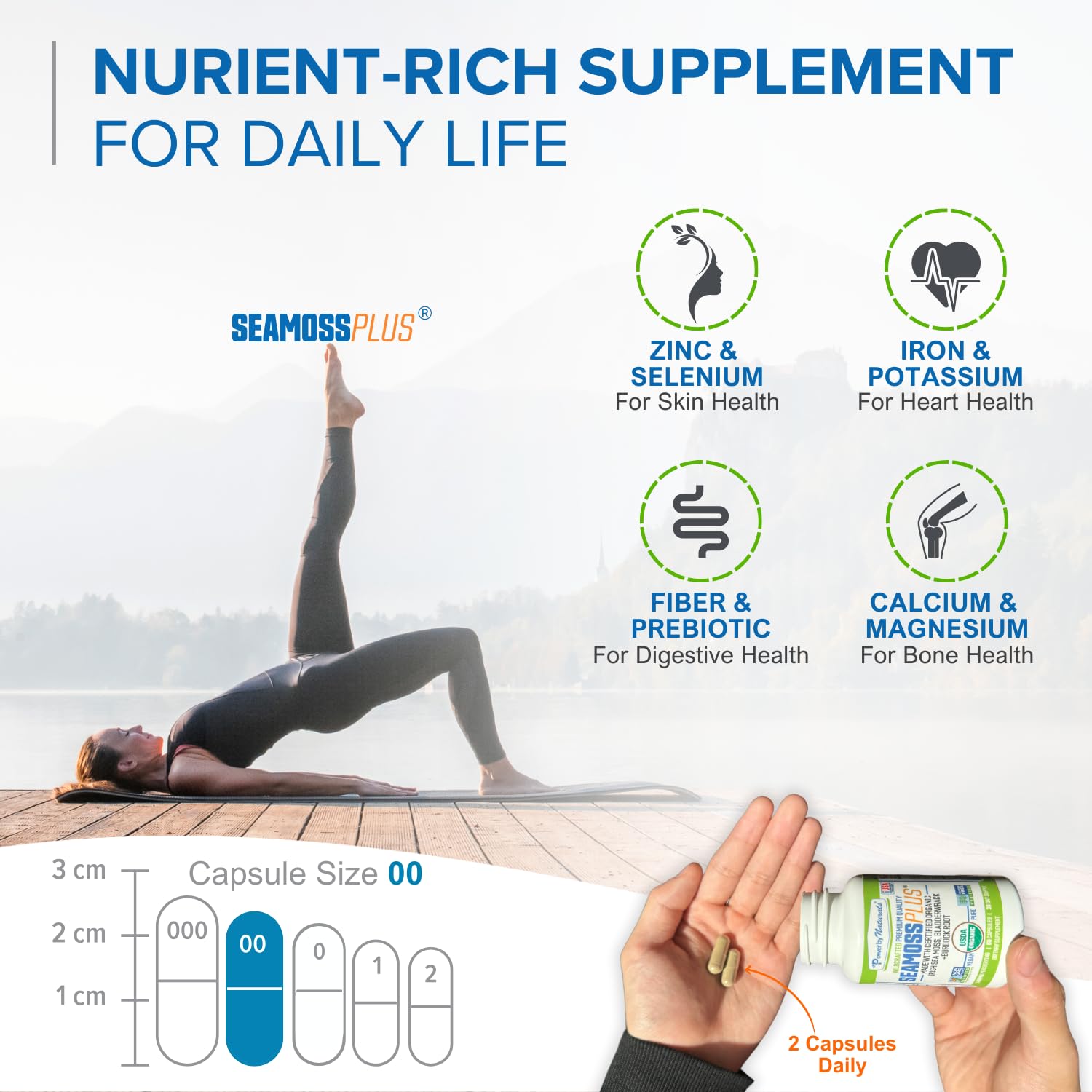 Power By Naturals Sea Moss Plus capsules atop a smoothie for easy mixing.