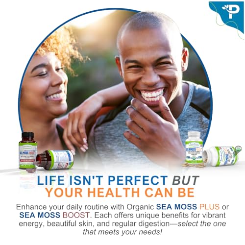 Power By Naturals Sea Moss Plus bottle with glass of water for intake.