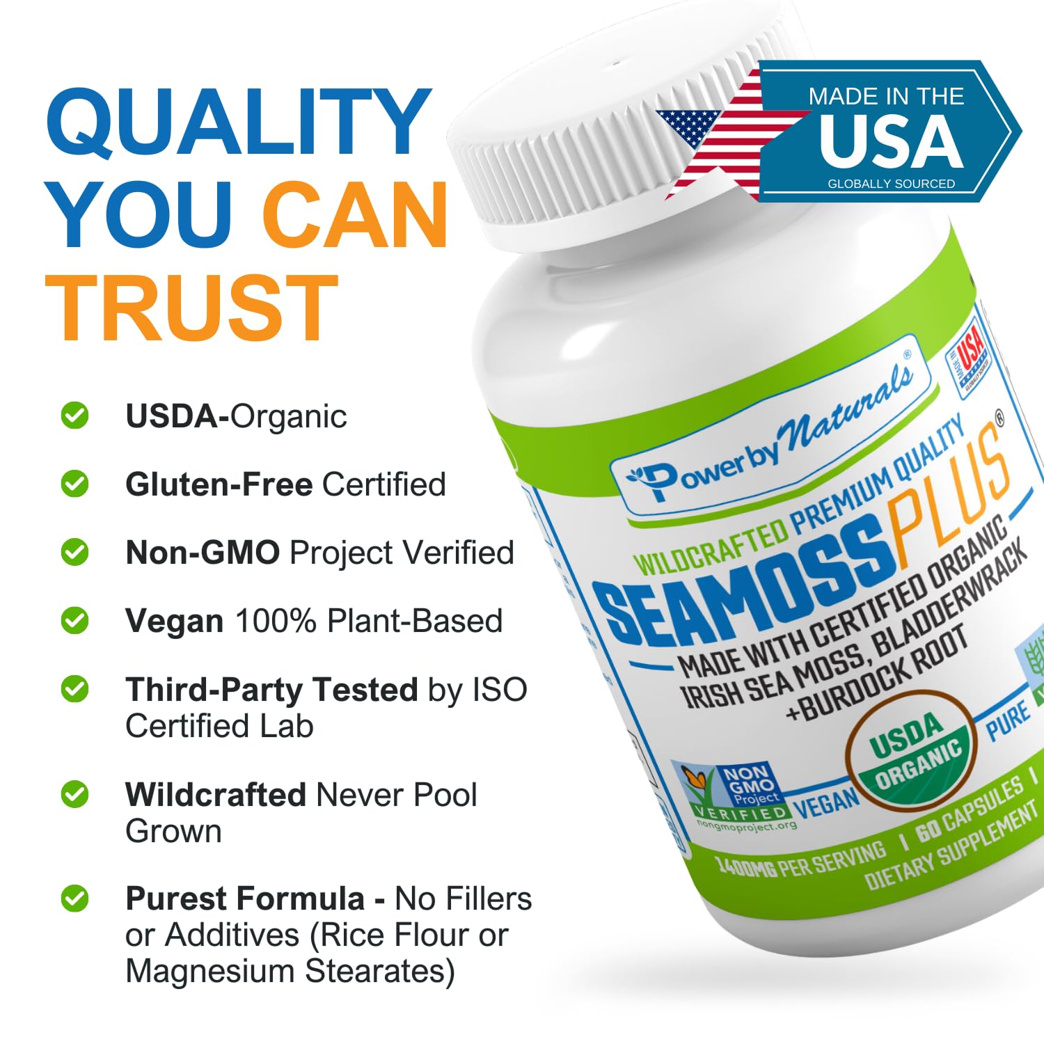 Power By Naturals Sea Moss Plus capsules close-up of natural ingredients.