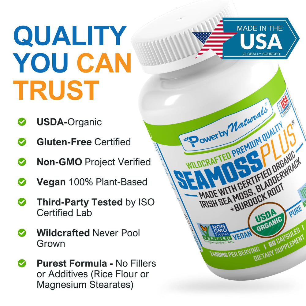 Power By Naturals Sea Moss Plus capsules close-up of natural ingredients.