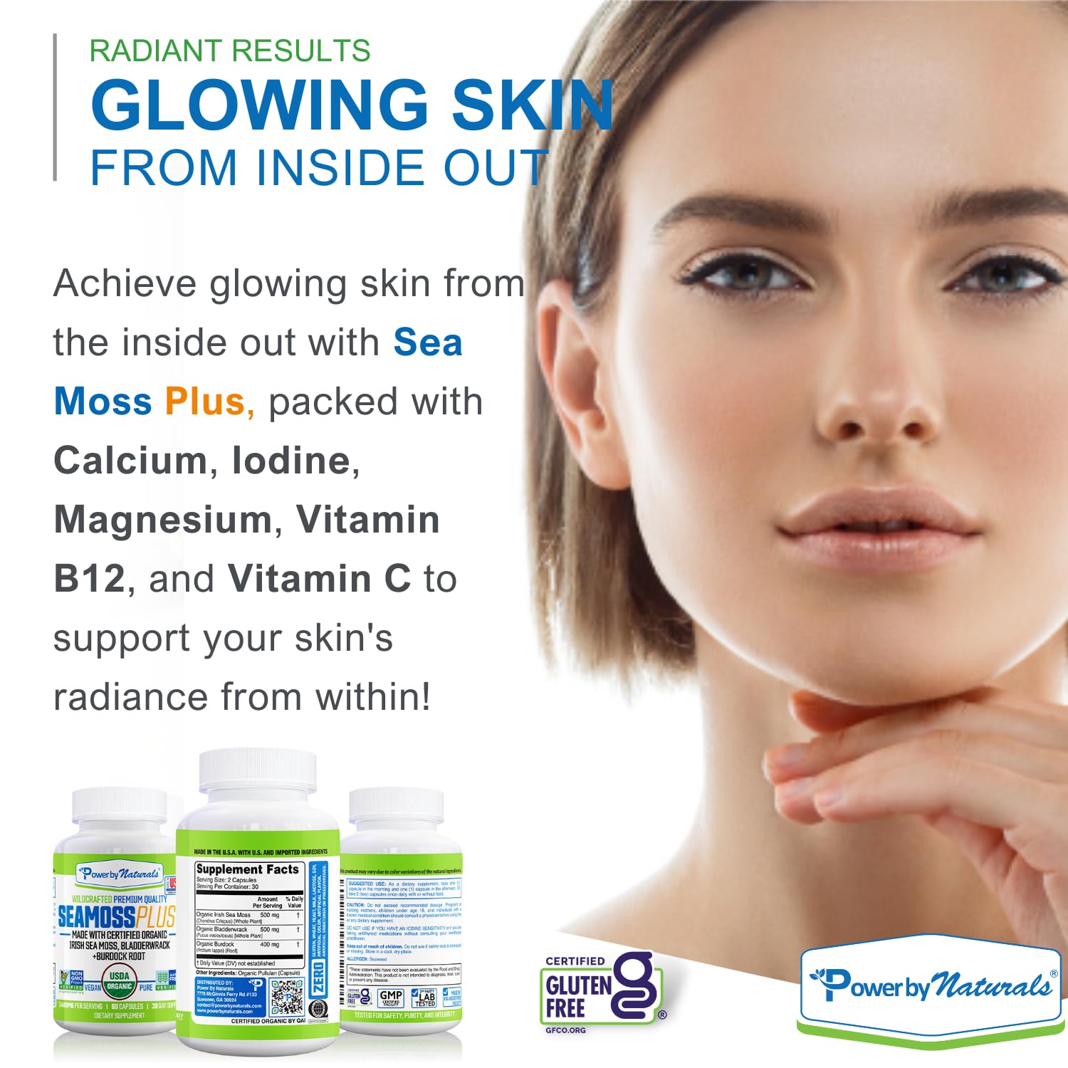 Power By Naturals Sea Moss Plus packaging box and product prominently displayed.