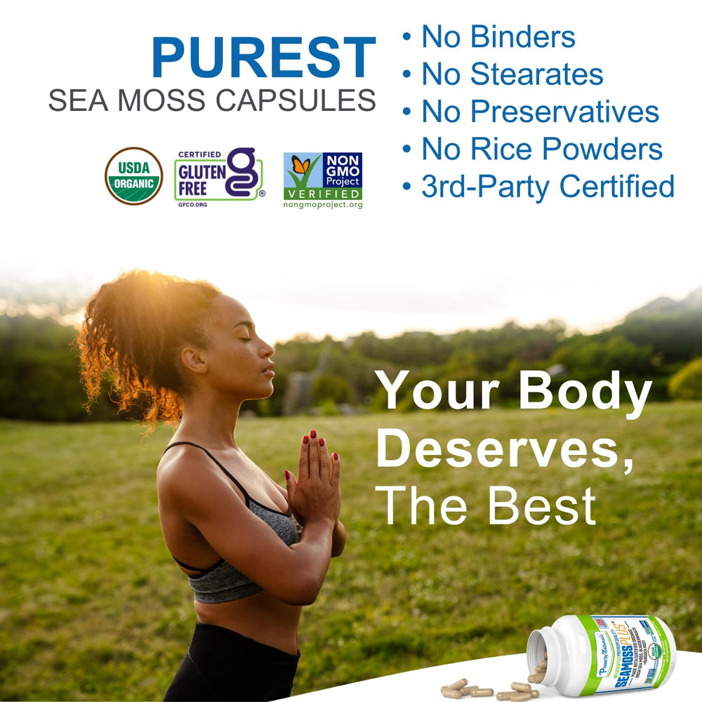 Power By Naturals Sea Moss Plus bottle in kitchen setting for everyday use.