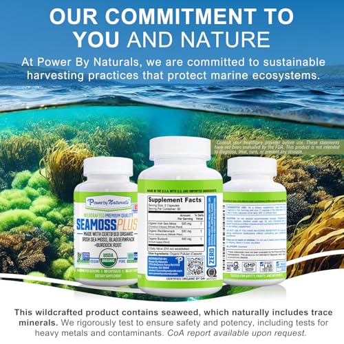 Power By Naturals Sea Moss Plus 2-pack shown beside a glass of water.
