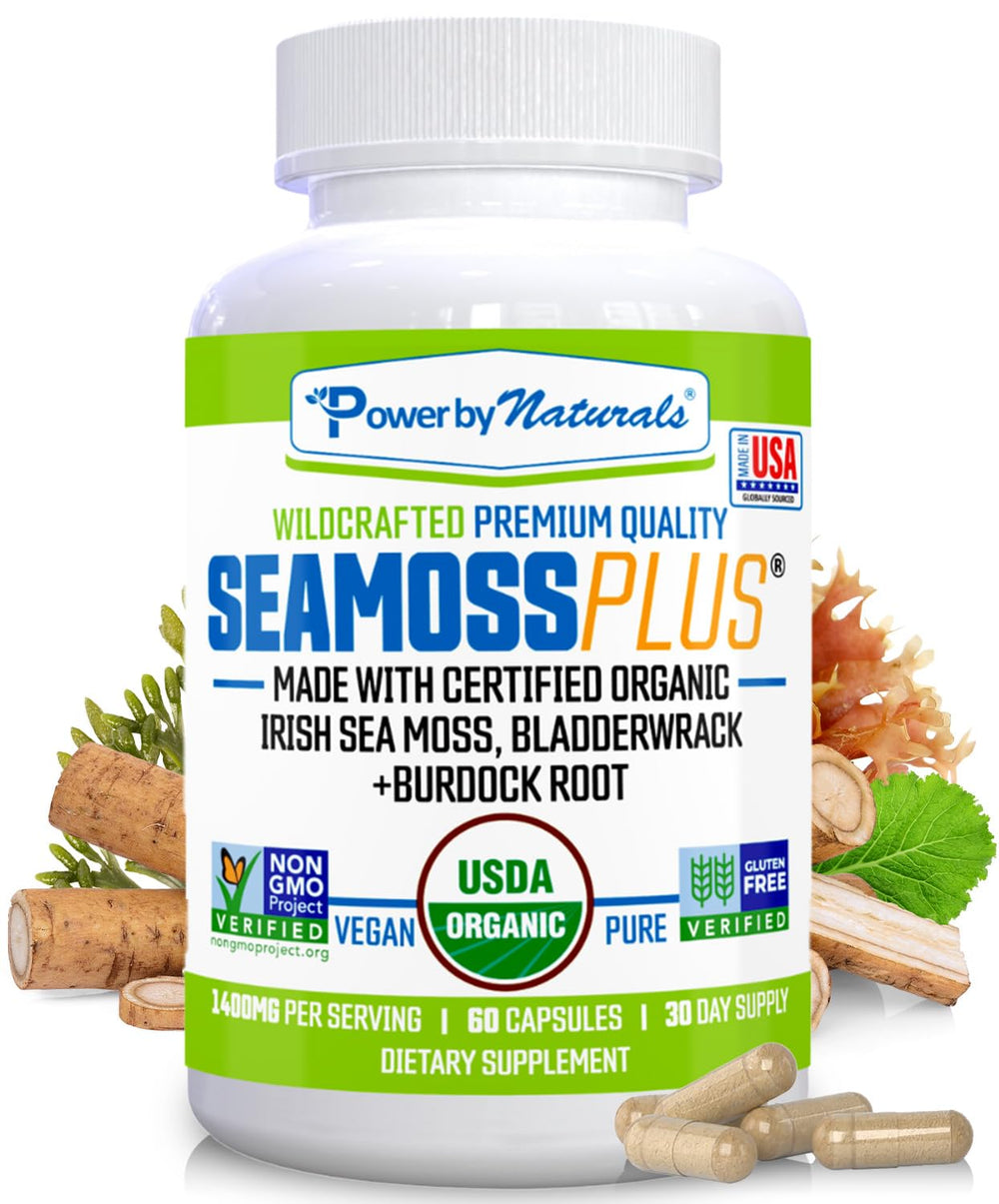 Power By Naturals SeaMoss Plus bottle front shows organic capsules for daily wellness