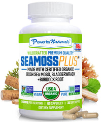 Power By Naturals SeaMoss Plus bottle front shows organic capsules for daily wellness