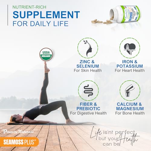 Raw sea moss and plants shown with Power By Naturals SeaMoss Plus