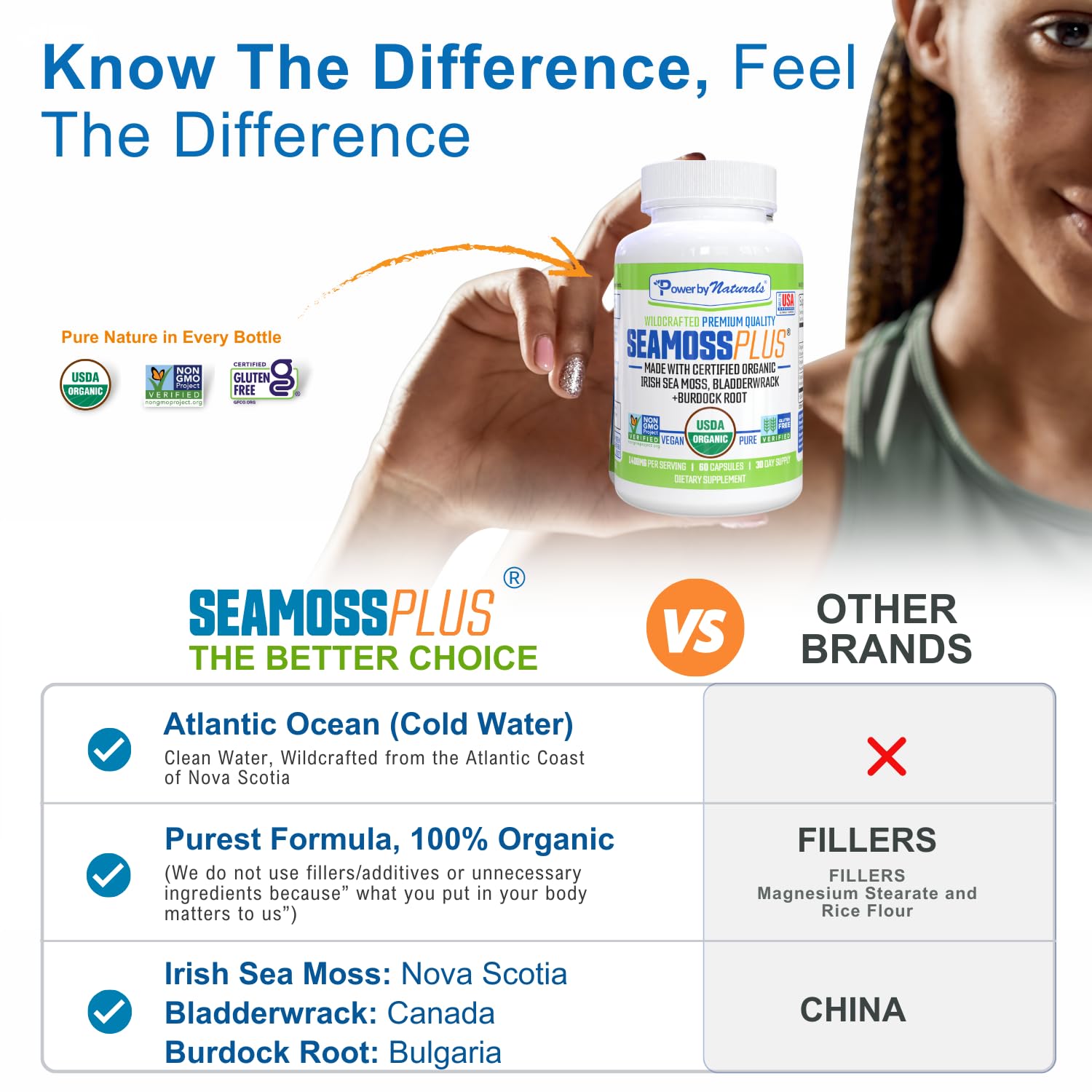 Sea moss and herbs beside a smoothie with Power By Naturals SeaMoss Plus