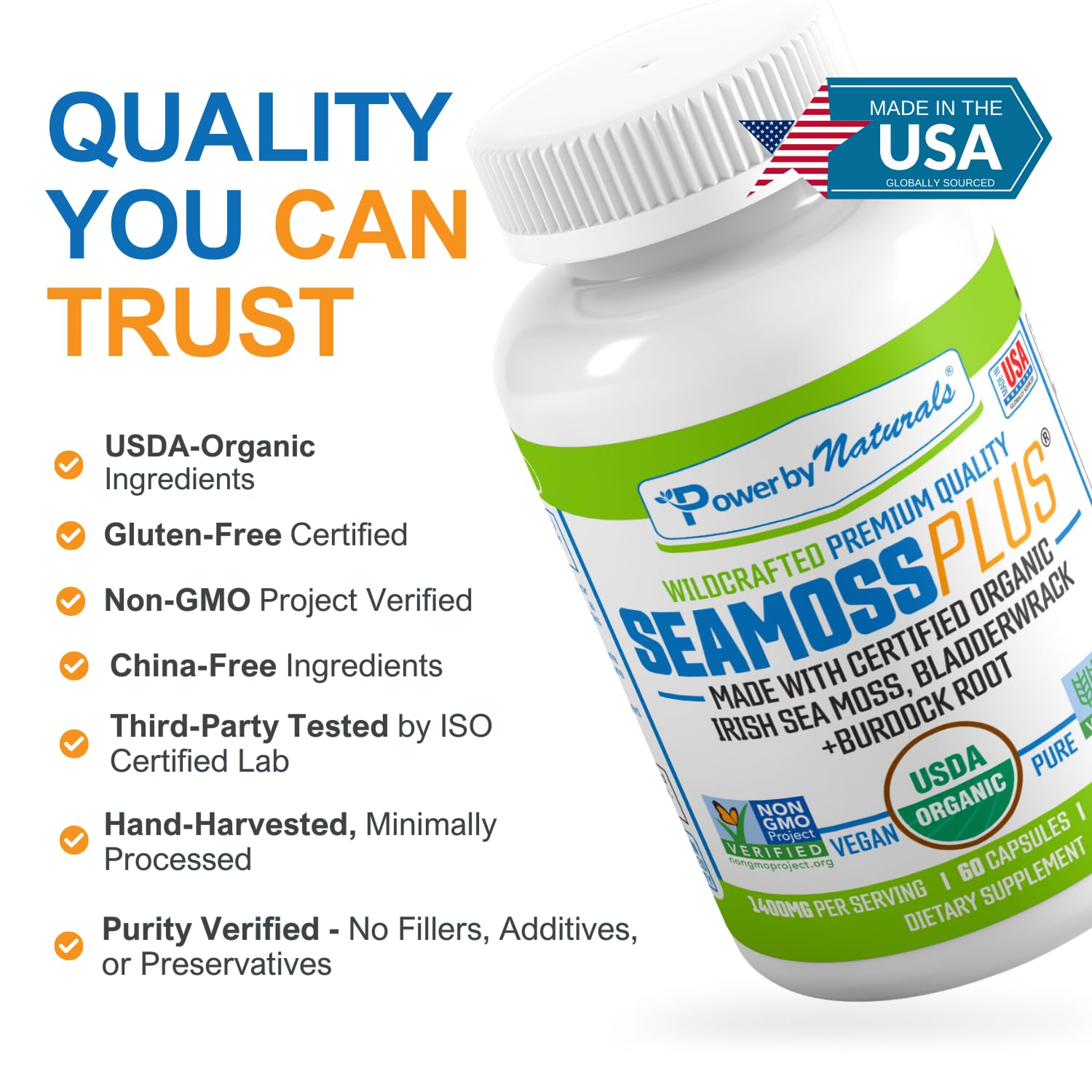 Vegan and gluten-free labeling on Power By Naturals SeaMoss Plus packaging