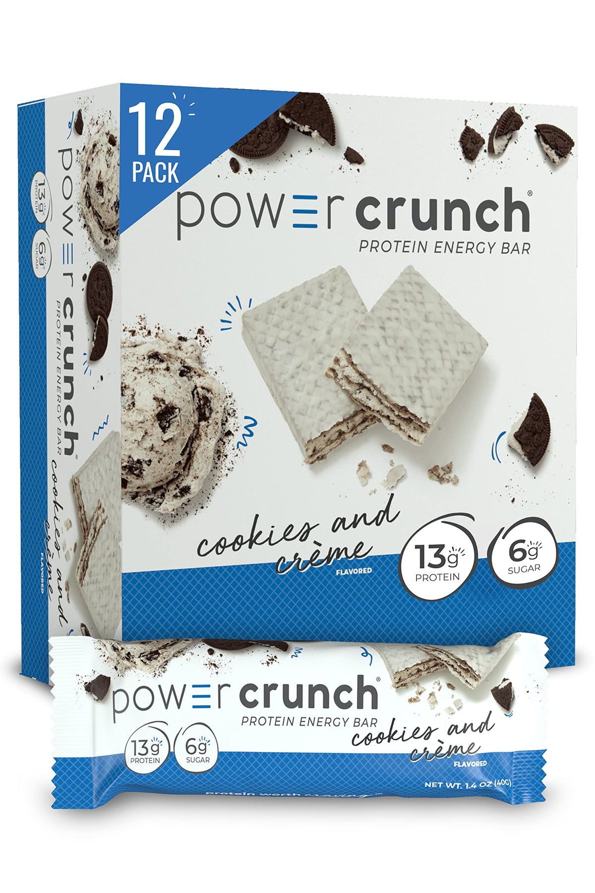 Power Crunch Cookies & Cream bar pack close-up, a convenient high-protein snack for busy days