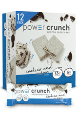 Power Crunch Cookies & Cream bar pack close-up, a convenient high-protein snack for busy days