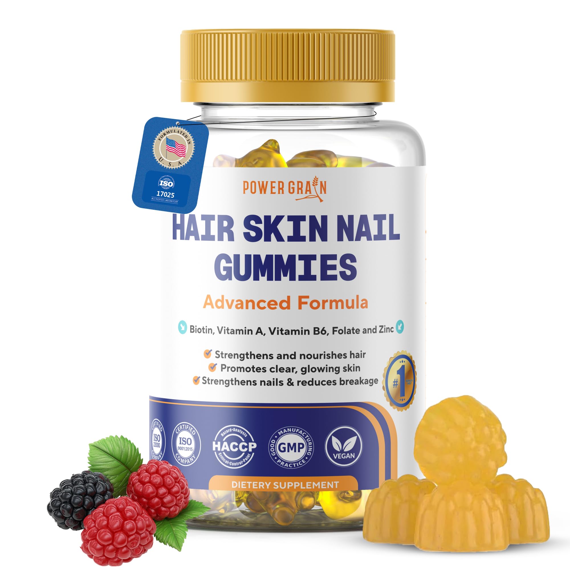 Power Grain Premium Gummies bottle front promoting healthy hair and nails.