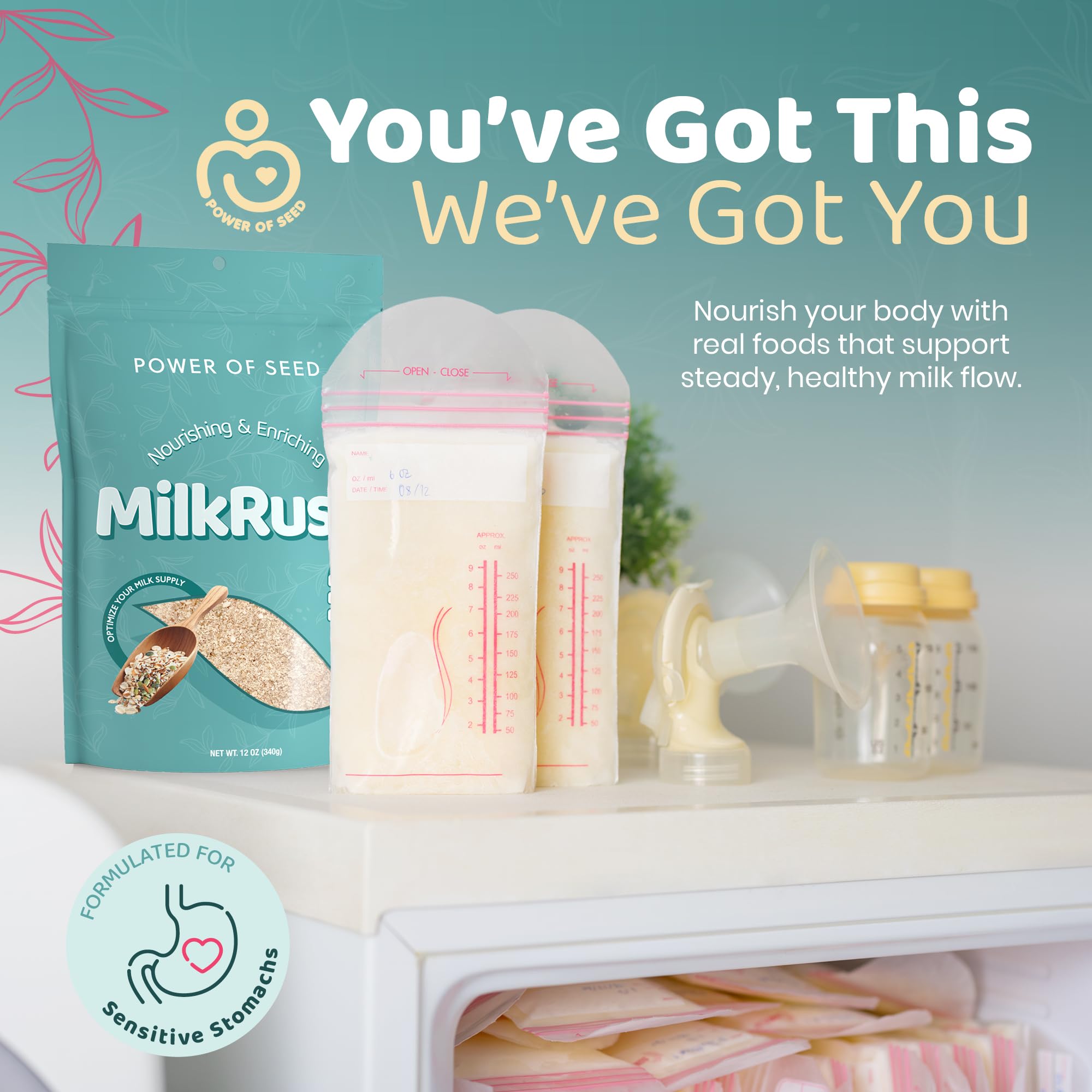 Power of Seed Milkrush nutrition panel highlights omega-3, iron, and calcium.