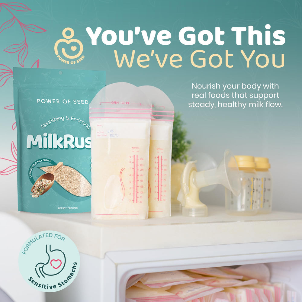 Power of Seed Milkrush nutrition panel highlights omega-3, iron, and calcium.