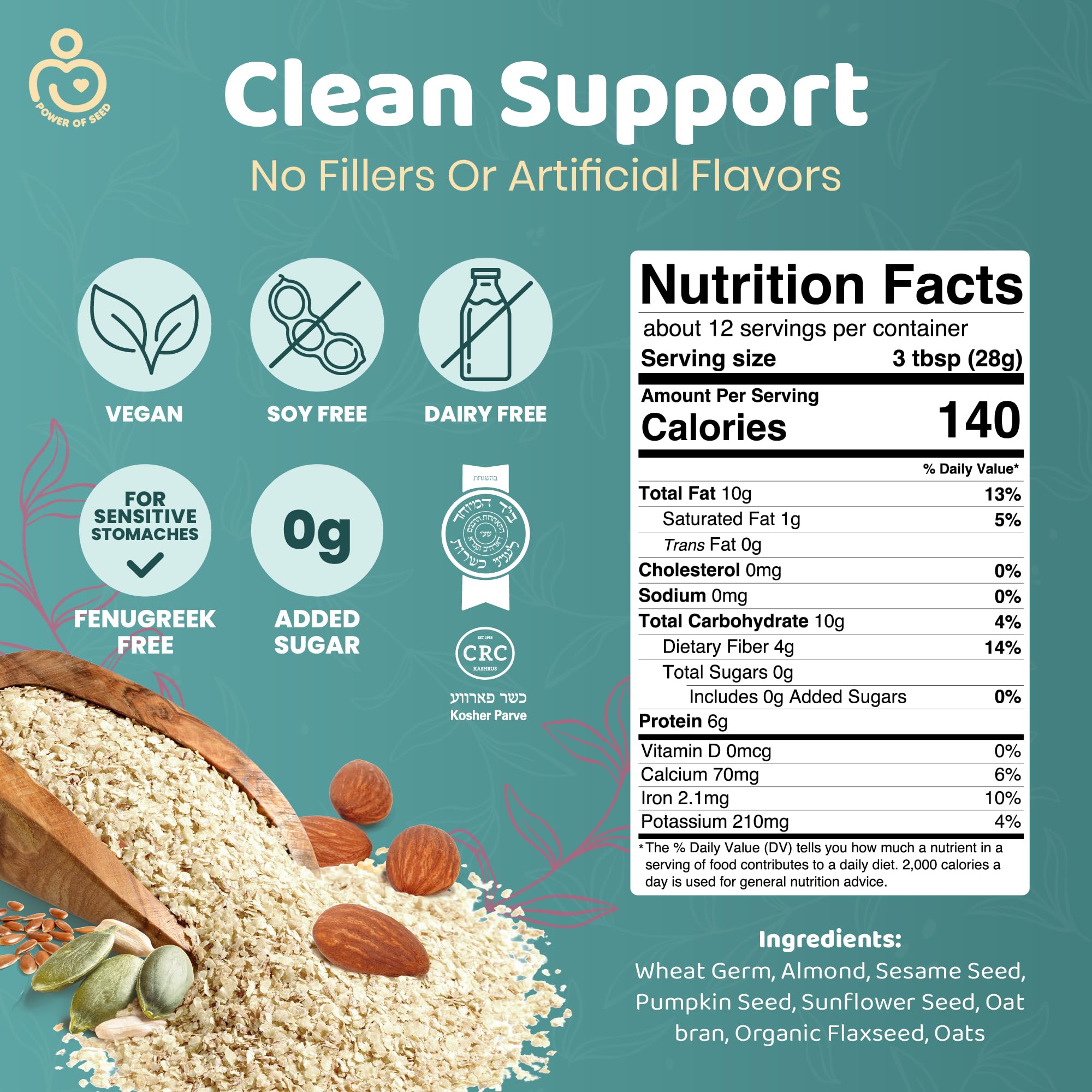 Power of Seed Milkrush tub close-up showing protein-rich, dairy-free formula.