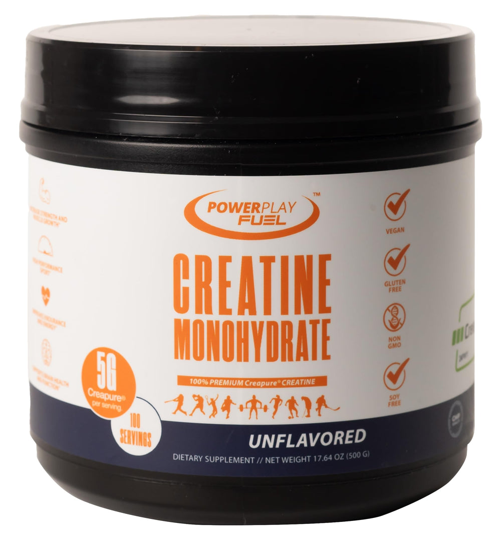 POWER PLAY FUEL Creatine bottle front view highlighting ready-to-train energy