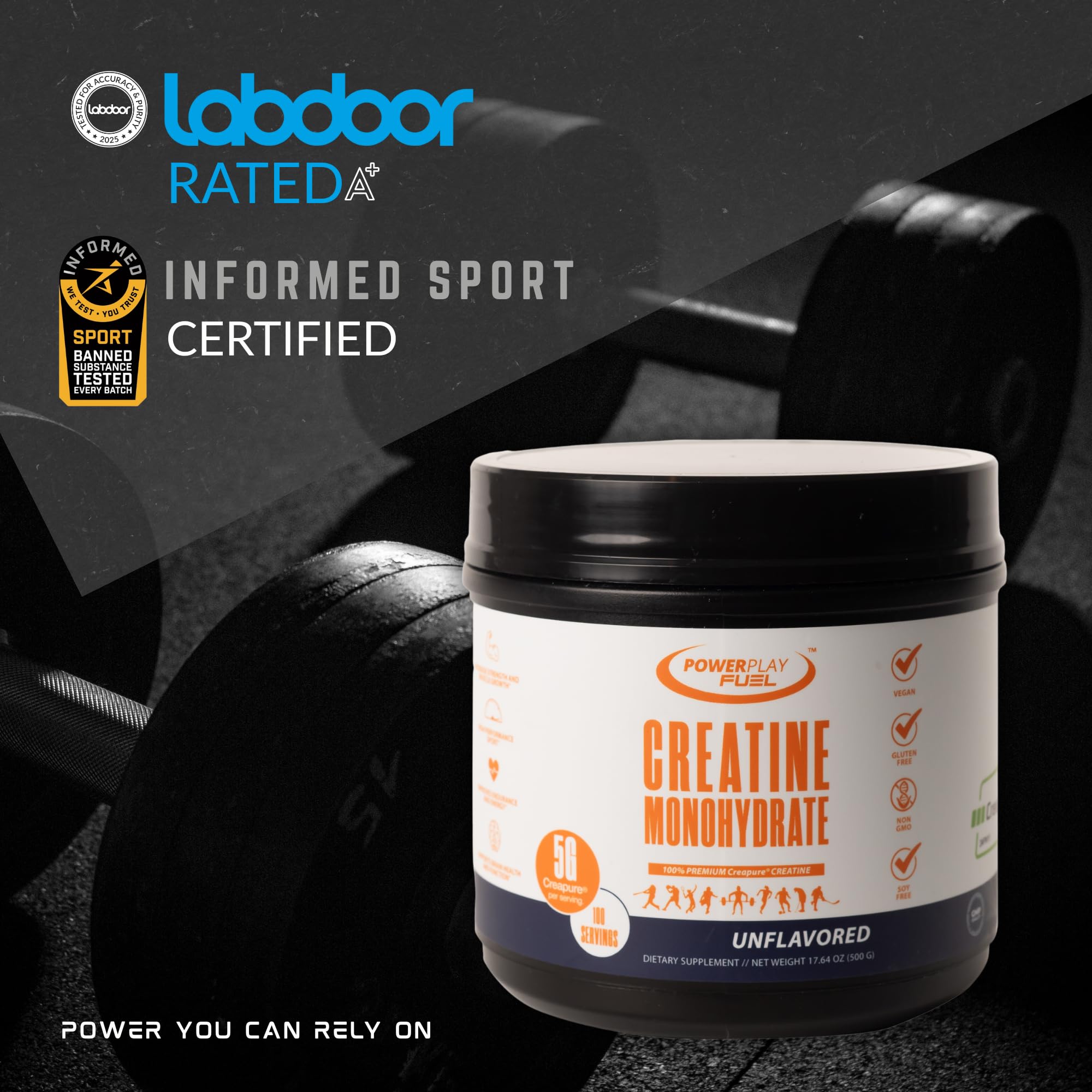 POWER PLAY FUEL Creatine label close-up showing purity and ingredients
