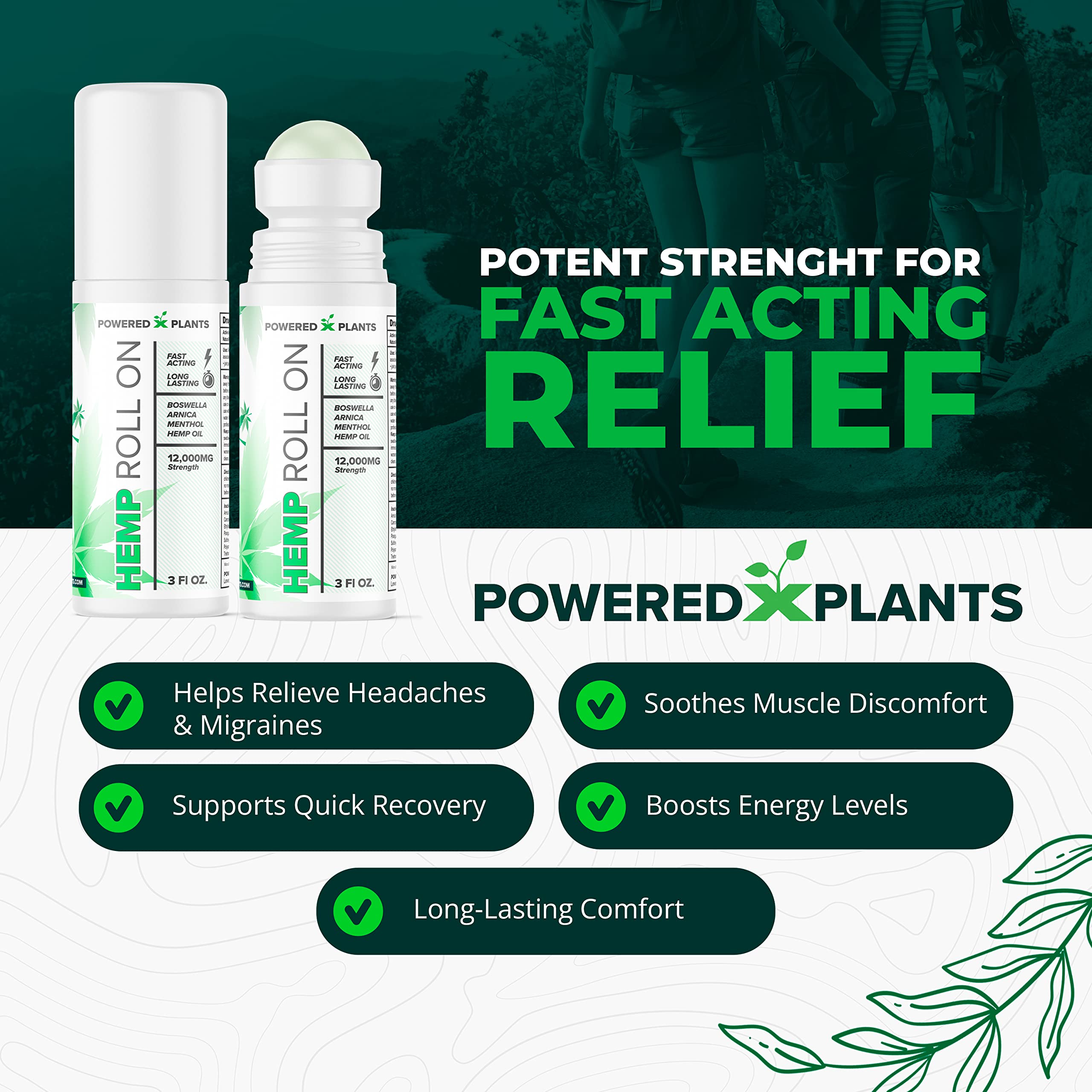 Powered X Plants hemp roll-on ingredients boswellia and arnica for soothing relief